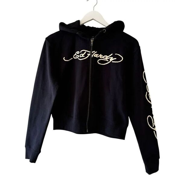 Ed Hardy Black Snake  Skull Logo Cropped Zip Up Hoodie Sweatshirt SZ S #2290 - Picture 2 of 14